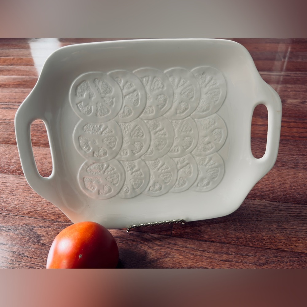 White Ceramic Embossed Tomatoes, Pomodoro, 13”x10” Serving Platter/Tray